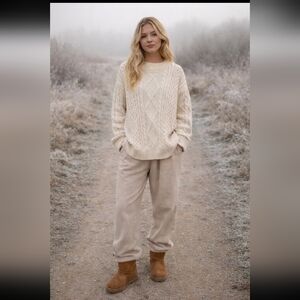 Oversized Cable Knit Aelfric Eden Apricot Cream Crewneck Sweater